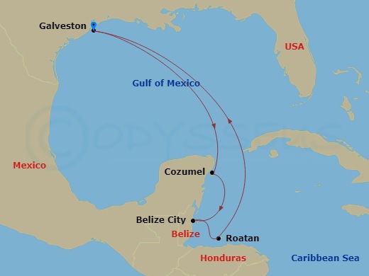 Regal Princess - 7 Night - Western Caribbean with Mexico - Regal Princess - Starting in Galveston, Texas, Cozumel, Mexico, Belize City, Belize, Roatan (Mahogany Bay, Honduras).. itinerary map