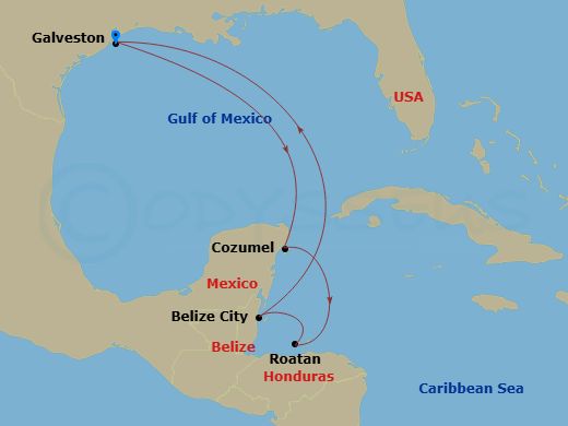 Regal Princess - 7 Night - Western Caribbean with Mexico - Regal Princess - Starting in Galveston, Texas, Cozumel, Mexico, Roatan (Mahogany Bay, Honduras), Belize City, Belize.. itinerary map