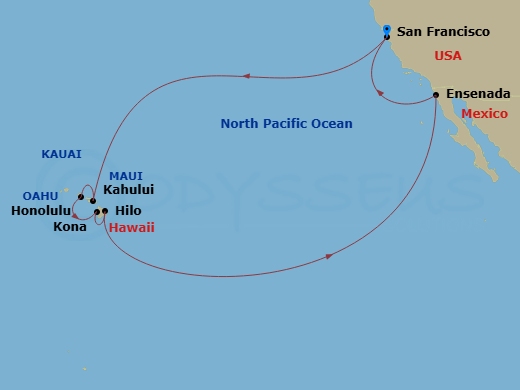 Ruby Princess - 16 Night - Hawaiian Islands - Ruby Princess - Starting in San Francisco, California, Kahului, Hawaii, Honolulu, Hawaii, Kona, Hawaii, Hilo, Hawaii, Ensenada,.. itinerary map
