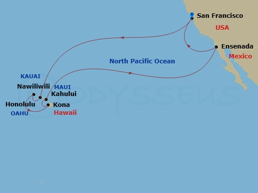Ruby Princess - 16 Night - Hawaiian Islands - Ruby Princess - Starting in San Francisco, California, Honolulu, Hawaii, Kauai (Nawiliwili), Hawaii, Kona, Hawaii, Kahului, Hawa.. itinerary map