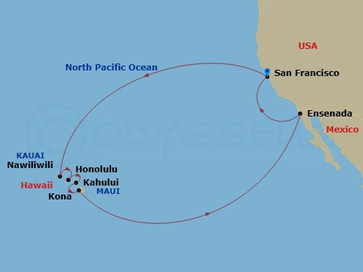 Ruby Princess - 16 Night - Hawaiian Islands Holiday - Ruby Princess - Starting in San Francisco, California, Kauai (Nawiliwili), Hawaii, Honolulu, Hawaii, Kahului, Hawaii, Ko.. itinerary map