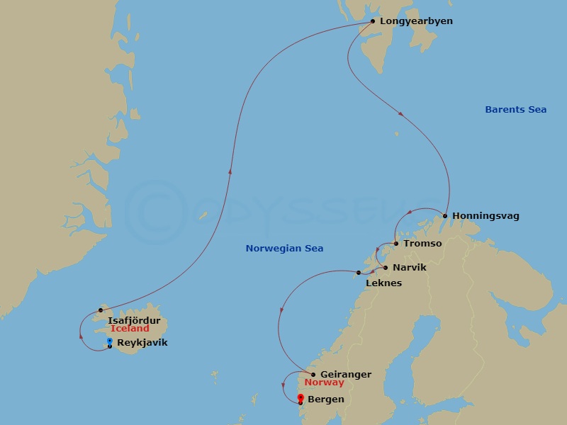 Viking Vela - 14 Night - Iceland & Norway's Arctic Explorer - Viking Vela - Starting in Reykjavik, Isafjordur, Sail the Norwegian Sea, Longyearbyen, Sail the Barents Sea, H.. itinerary map
