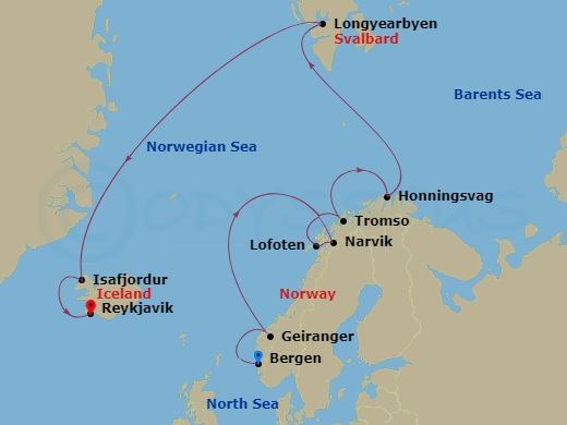 Viking Vela - 14 Night - Iceland & Norway's Arctic Explorer - Viking Vela - Starting in Bergen, Geiranger, Norway, Sail the Norwegian Sea, Narvik, Lofoten (Leknes), Tromso,.. itinerary map