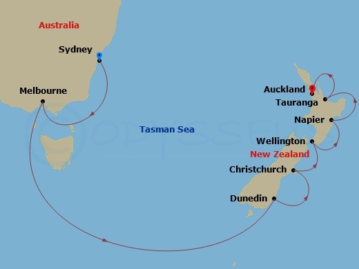 Viking Venus - 14 Night - Australia & New Zealand - Viking Venus - Starting in Sydney AU, Sail the Gippsland Coast, Melbourne, Scenic Sailing Bass Strait, Sail the Tasman Se.. itinerary map