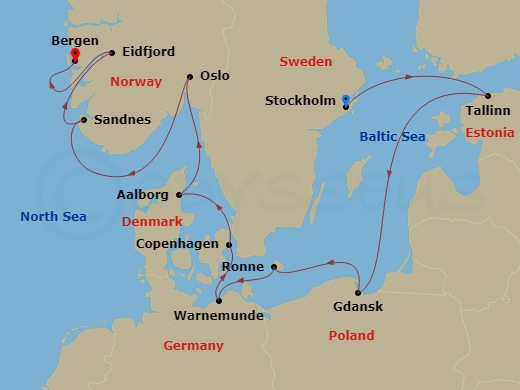 Viking Saturn - 14 Night - Viking Homelands - Viking Saturn - Starting in Stockholm, Tallinn, Sail the Baltic Sea, Gdansk, Bornholm (Ronne), Berlin (Warnemunde), Copenhagen,.. itinerary map