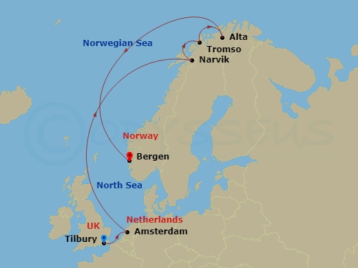 Viking Neptune - 12 Night - In Search of the Northern Lights - Viking Neptune - Starting in London (Tilbury), Amsterdam (Ijmuiden), Sail the North Sea, Scenic Sailing Norwegia.. itinerary map