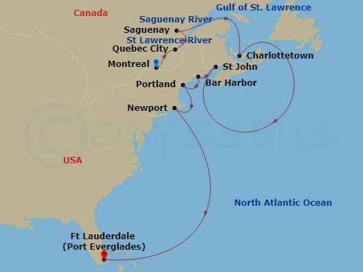 Viking Mars - 14 Night - Canada & New England Scenic Shores - Viking Mars - Starting in Montreal, Quebec, Quebec City, Quebec, Saguenay, Quebec, Sail the Gulf of St Lawrenc.. itinerary map