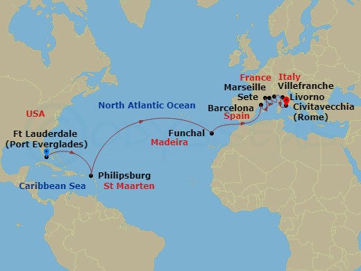 Viking Mars - 20 Night - Atlantic & Mediterranean Horizons - Viking Mars - Starting in Fort Lauderdale, Florida, Sail the Caribbean Sea, Philipsburg, Sail the Atlantic Ocea.. itinerary map
