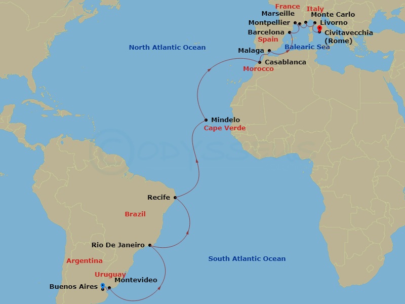 Viking Jupiter - 28 Night - The Mediterranean & South Atlantic - Viking Jupiter - Starting in Buenos Aires, Montevideo, Sail the Atlantic Ocean, Rio De Janeiro, Sail the Atlan.. itinerary map