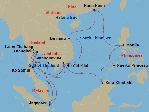 HAL Westerdam - 27 Night - Far East, the Philippines & Malaysia Collector - HAL Westerdam - Starting in Singapore, Laem Chabang (Bangkok), Thailand, Phu My, Vietnam, Kota Kin.. itinerary map