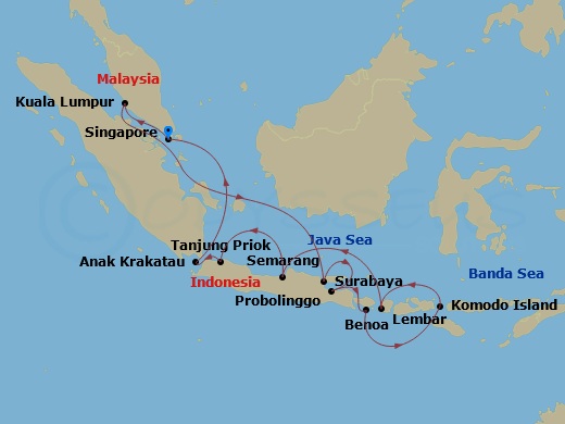 HAL Westerdam - 15 Night - Indonesian Holiday - HAL Westerdam - Starting in Singapore, Port Kelang (Kuala Lumpur), Malaysia, Surabaya, Indonesia, Probolinggo, Java, Indonesia.. itinerary map