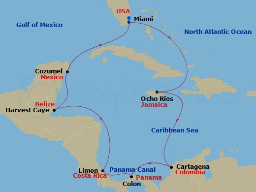 NCL Norwegian Pearl - 11 Night - Panama Canal - Miami - NCL Norwegian Pearl - Starting in Miami, Fl, Ocho Rios, Jamaica, Cartagena CO, Panama Canal Gatun Lake, Panama, Colon, Panam.. itinerary map