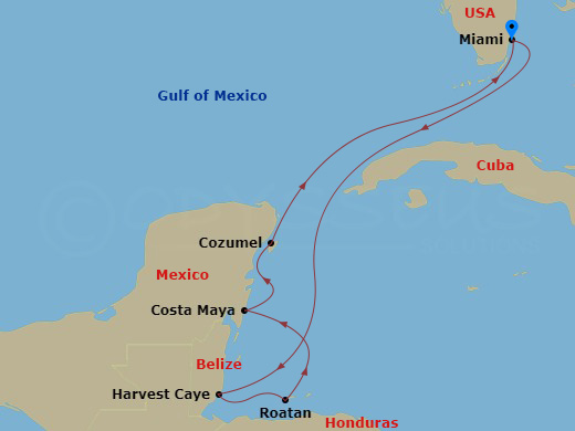 NCL Norwegian Encore - 7 Night - Western Caribbean - Miami - NCL Norwegian Encore - Starting in Miami, Fl, Harvest Caye, Belize, Roatan Bay Islands, Honduras, Costa Maya, Mexico, Co.. itinerary map
