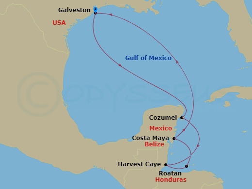 NCL Norwegian Viva - 7 Night - Caribbean - NCL Norwegian Viva - Starting in Galveston, Texas, Cozumel, Mexico, Harvest Caye, Belize, Roatan Bay Islands, Honduras, Costa Maya, Mexi.. itinerary map