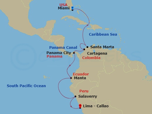 NCL Norwegian Jade - 12 Night - Panama Canal - Miami - NCL Norwegian Jade - Starting in Miami, Fl, Santa Marta, Colombia, Cartagena CO, Transit Panama Canal / At Sea, Panama City,.. itinerary map