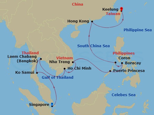 NCL Norwegian Sun - 14 Night - Asia - South East - NCL Norwegian Sun - Starting in Singapore, Ko Samui, Thailand, Laem Chabang, Thailand, Phu My / Ho Chi Minh City, Viet Nam, Nha.. itinerary map