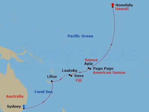 Celebrity Solstice - 15 Night - Fiji Transpacific Cruise - Celebrity Solstice - Starting in Sydney AU, Lifou, Loyalty Island, Lautoka, Fiji, Suva, Fiji, Apia, Samoa, International.. itinerary map