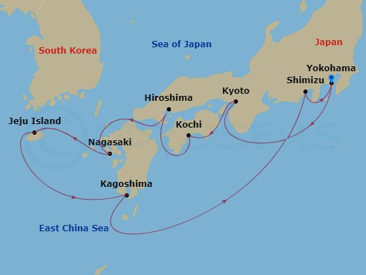 Celebrity Millennium - 12 Night - Best of Japan Cruise - Celebrity Millennium - Starting in Tokyo (Yokohama), Japan, Kyoto (Osaka), Japan, Kochi, Japan, Hiroshima, Japan, Jeju Islan.. itinerary map