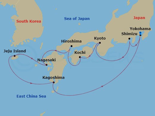 Celebrity Millennium - 12 Night - Best of Japan Cruise - Celebrity Millennium - Starting in Tokyo (Yokohama), Japan, Mount Fuji (Shimizu), Japan, Kyoto (Osaka), Japan, Kochi, Japan,.. itinerary map