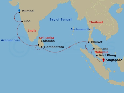 Celebrity Millennium - 12 Night - India, Sri Lanka & Thailand - Celebrity Millennium - Starting in Mumbai (Bombay), India, Goa (Mormugao), India, Colombo, Sri Lanka, Hambantota, Sri.. itinerary map
