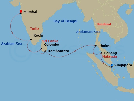 Celebrity Millennium - 12 Night - India, Sri Lanka & Thailand - Celebrity Millennium - Starting in Singapore, Penang, Malaysia, Phuket, Thailand, Hambantota, Sri Lanka, Colombo, Sri.. itinerary map