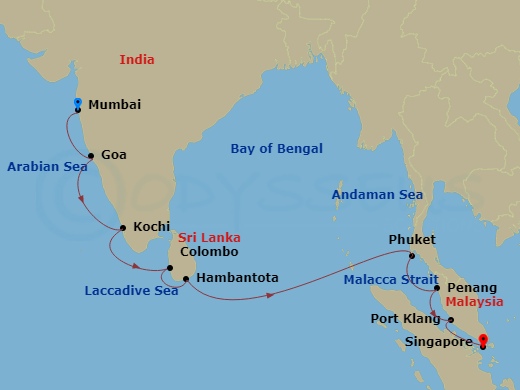 Celebrity Millennium - 13 Night - India, Sri Lanka & Thailand - Celebrity Millennium - Starting in Mumbai (Bombay), India, Goa (Mormugao), India, Cochin, India, Colombo, Sri Lanka,.. itinerary map