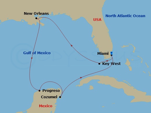 EXPLORA II - 10 Night - A Journey Bridging the Big Easy and Mystical Ancient Maya - EXPLORA II - Starting in Miami, Key West, New Orleans, Merida (Progreso), Cozumel, Mexi.. itinerary map