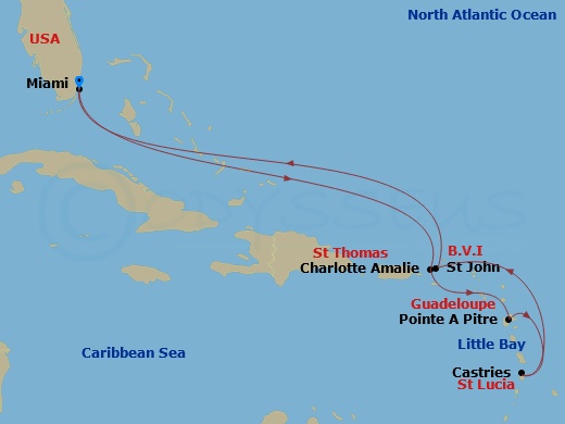 EXPLORA II - 10 Night - A Journey of Miami Magnetism and Lesser Antilles Allure - EXPLORA II - Starting in Miami, Charlotte Amalie (Saint Thomas), Pointe-a-Pitre, Castries.. itinerary map
