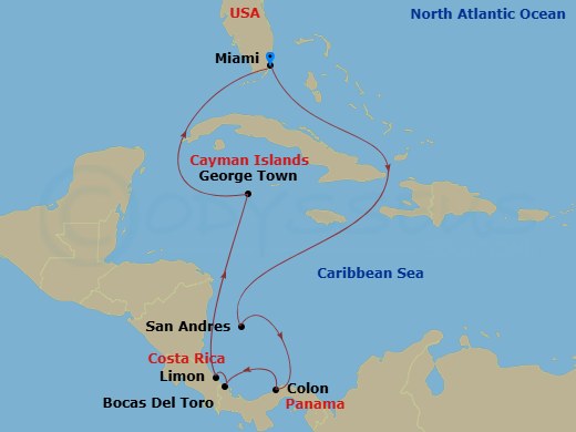 EXPLORA II - 10 Night - A Journey to the Land Bridge Connecting the Americas - EXPLORA II - Starting in Miami, San Andres Island, Colon, Bocas del Toro, Puerto Limon, Geor.. itinerary map