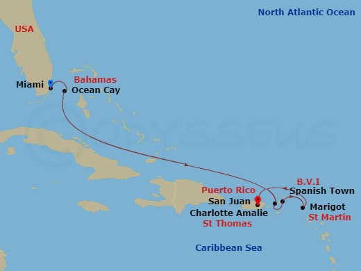 EXPLORA II - 7 Night - A Journey of Holiday Festivities and Unwrapping Gifts of Sand and Sun - EXPLORA II - Starting in Miami, Ocean Cay, Charlotte Amalie (Saint Thomas),.. itinerary map