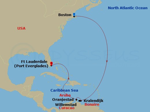 Celebrity Silhouette - 10 Night - Boston to Fort Lauderdale - Celebrity Silhouette - Starting in Boston, Massachusetts, Willemstad AN, Curacao, Kralendijk, Bonaire, Oranjestad, Arub.. itinerary map