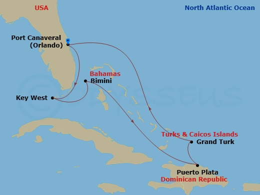 Celebrity Apex - 7 Night - Key West, Bahamas & Grand Turk - Celebrity Apex - Starting in Orlando (Port Canaveral), Fl, Key West, Florida, Bimini, Bahamas, Puerto Plata, Domini.. itinerary map