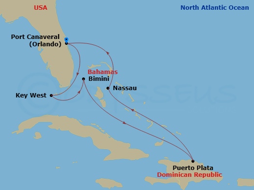 Celebrity Apex - 7 Night - Key West, Bahamas & Puerto Plata - Celebrity Apex - Starting in Orlando (Port Canaveral), Fl, Key West, Florida, Bimini, Bahamas, Puerto Plata, Domi.. itinerary map