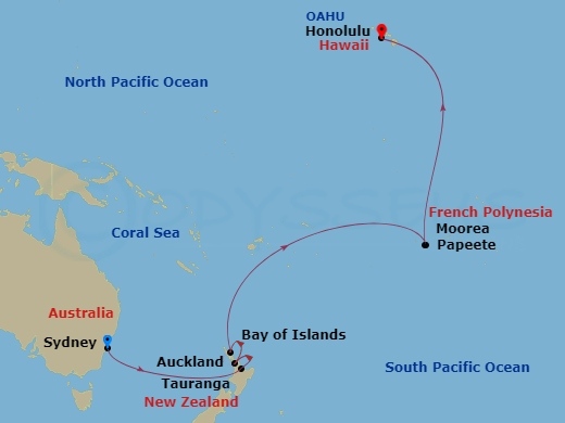 Discovery Princess - 19 Night - Tahiti, Hawaii & South Pacific Crossing - Discovery Princess - Starting in Sydney AU, Tauranga, New Zealand, Auckland, New Zealand, Bay of Islands,.. itinerary map