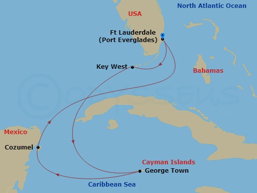 Celebrity Silhouette - 6 Night - Grand Cayman, Mexico & Key West - Celebrity Silhouette - Starting in Fort Lauderdale, Florida, Key West, Florida, George Town, Grand Cayman, Cozumel.. itinerary map