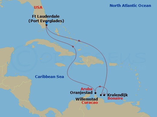 Celebrity Silhouette - 8 Night - Aruba, Curacao & Bonaire Cruise - Celebrity Silhouette - Starting in Fort Lauderdale, Florida, Willemstad AN, Curacao, Kralendijk, Bonaire, Oranjest.. itinerary map