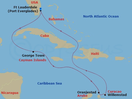 Celebrity Silhouette - 8 Night - Aruba, Curacao & Grand Cayman - Celebrity Silhouette - Starting in Fort Lauderdale, Florida, George Town, Grand Cayman, Oranjestad, Aruba, Willemsta.. itinerary map