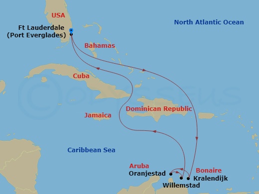 Celebrity Silhouette - 8 Night - Aruba, Curacao & Bonaire Cruise - Celebrity Silhouette - Starting in Fort Lauderdale, Florida, Kralendijk, Bonaire, Oranjestad, Aruba, Willemstad AN.. itinerary map
