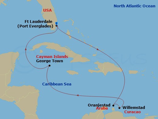 Celebrity Silhouette - 8 Night - Aruba, Curacao & Cayman Cruise - Celebrity Silhouette - Starting in Fort Lauderdale, Florida, Oranjestad, Aruba, Willemstad AN, Curacao, George Town.. itinerary map