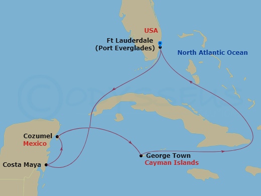 Celebrity Eclipse - 6 Night - Grand Cayman & Mexico Cruise - Celebrity Eclipse - Starting in Fort Lauderdale, Florida, Puerto Costa Maya, Mexico, Cozumel, Mexico, George Town, Gr.. itinerary map