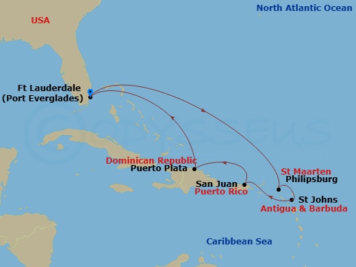 Celebrity Eclipse - 8 Night - St. Maarten, Antigua & San Juan - Celebrity Eclipse - Starting in Fort Lauderdale, Florida, Philipsburg, St Maarten, St Johns AG, Antigua, San Juan,.. itinerary map