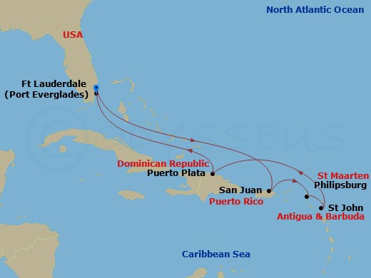 Celebrity Eclipse - 8 Night - Dominica, Antigua & San Juan - Celebrity Eclipse - Starting in Fort Lauderdale, Florida, St Johns AG, Antigua, Philipsburg, St Maarten, San Juan, Pu.. itinerary map