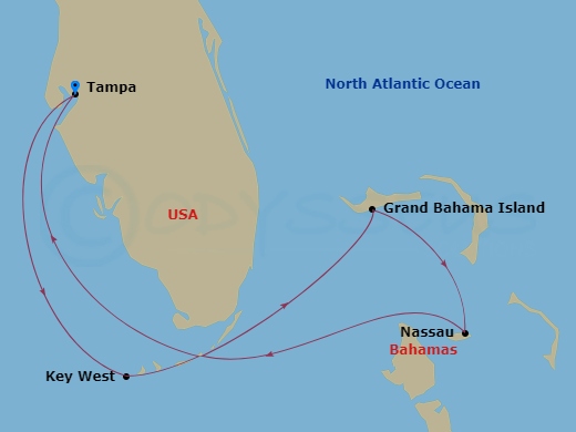 Celebrity Constellation - 7 Night - Key West & Bahamas Cruise - Celebrity Constellation - Starting in Tampa, Florida, Key West, Florida, Grand Bahama Island, Bahamas, Nassau, Bahamas,.. itinerary map