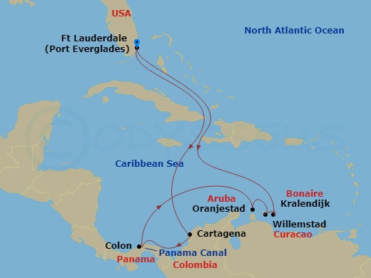 Celebrity Ascent - 11 Night - Panama Canal & Southern Caribbean - Celebrity Ascent - Starting in Fort Lauderdale, Florida, Cartagena CO, Panama Canal (Cruising), Colon, Panama,.. itinerary map