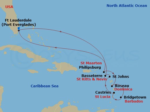 Celebrity Ascent - 11 Night - Best of Southern Caribbean - Celebrity Ascent - Starting in Fort Lauderdale, Florida, Basseterre, St Kitts and Nevis, St Johns AG, Antigua, Castrie.. itinerary map