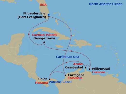 Celebrity Ascent - 11 Night - Panama Canal & Southern Caribbean - Celebrity Ascent - Starting in Fort Lauderdale, Florida, Cartagena CO, Panama Canal (Cruising), Colon, Panama,.. itinerary map