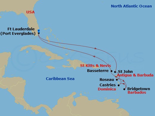 Celebrity Ascent - 10 Night - Ultimate Southern Caribbean - Celebrity Ascent - Starting in Fort Lauderdale, Florida, St Johns AG, Antigua, Roseau, Dominica, Bridgetown, Barbados.. itinerary map