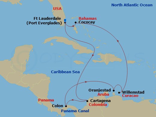 Celebrity Ascent - 11 Night - Panama Canal & Perfect Day Holiday - Celebrity Ascent - Starting in Fort Lauderdale, Florida, Cartagena CO, Panama Canal (Cruising), Colon, Panama,.. itinerary map