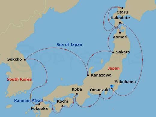HAL Westerdam - 14 Night - Circle Japan - HAL Westerdam - Starting in Yokohama (Tokyo), Japan, Omaezaki, Japan, Kobe, Japan, Kochi, Japan, Scenic Cruising Kanmon Straits, Fuk.. itinerary map