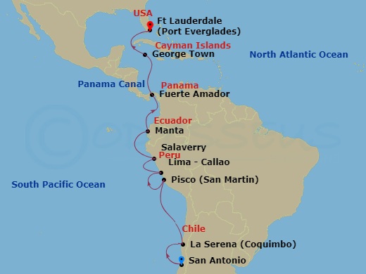 HAL Oosterdam - 17 Night - Inca & Panama Canal Discovery - HAL Oosterdam - Starting in San Antonio CL (Santiago), Chile, Coquimbo (La Serena), Chile, General San Martin (Pisc.. itinerary map